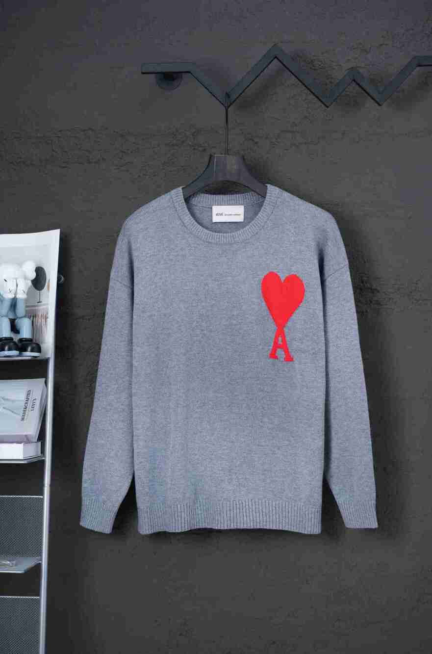 AMI Paris Heather Grey Unisex Red Heart‑A Crewneck Sweater